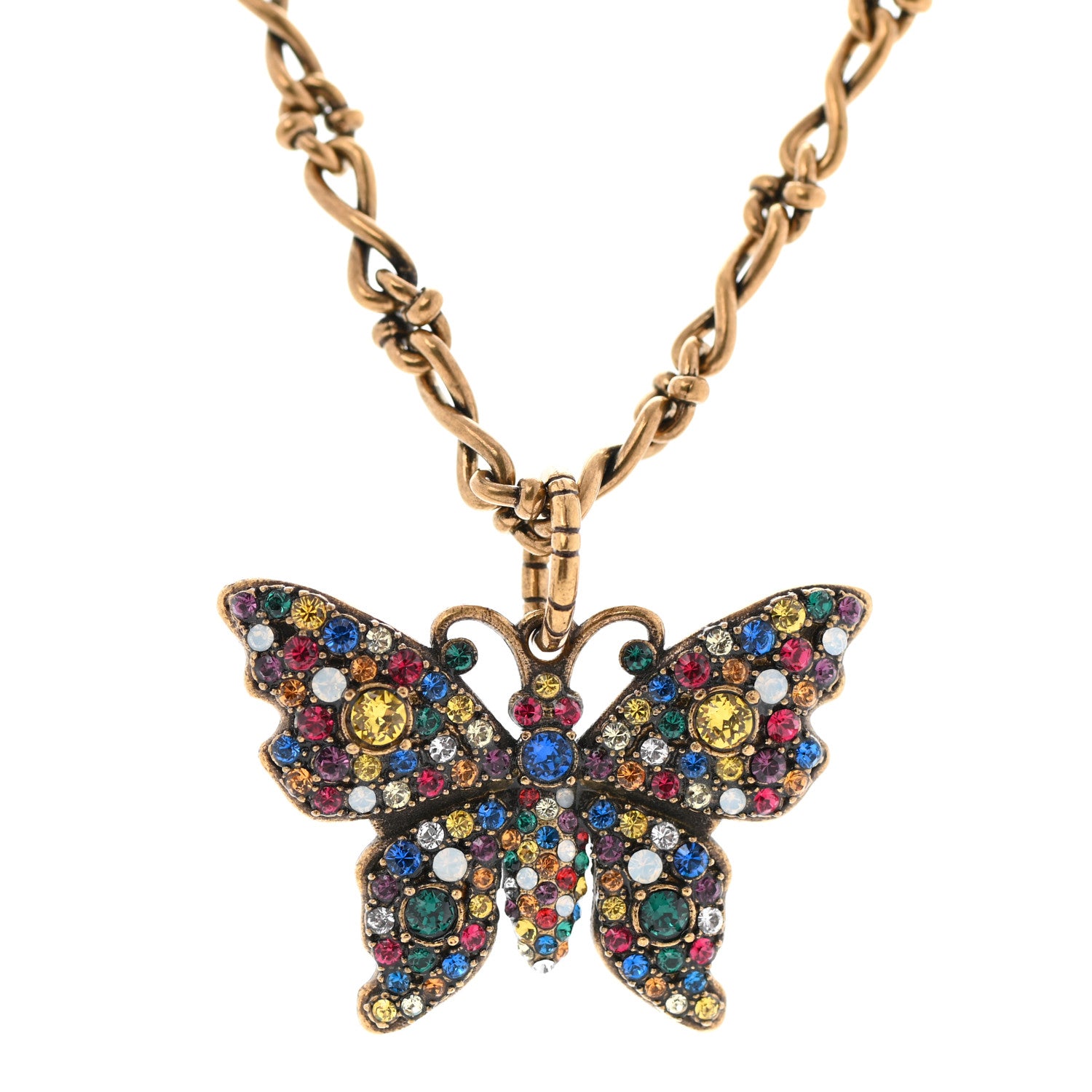 Gucci Metal Crystal Butterfly Necklace Aged Gold Multicolor 4 of 6