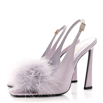 Saint Laurent Crepe Satin Blanco Feathered Sandals 38 Poly Grey 3 of 11