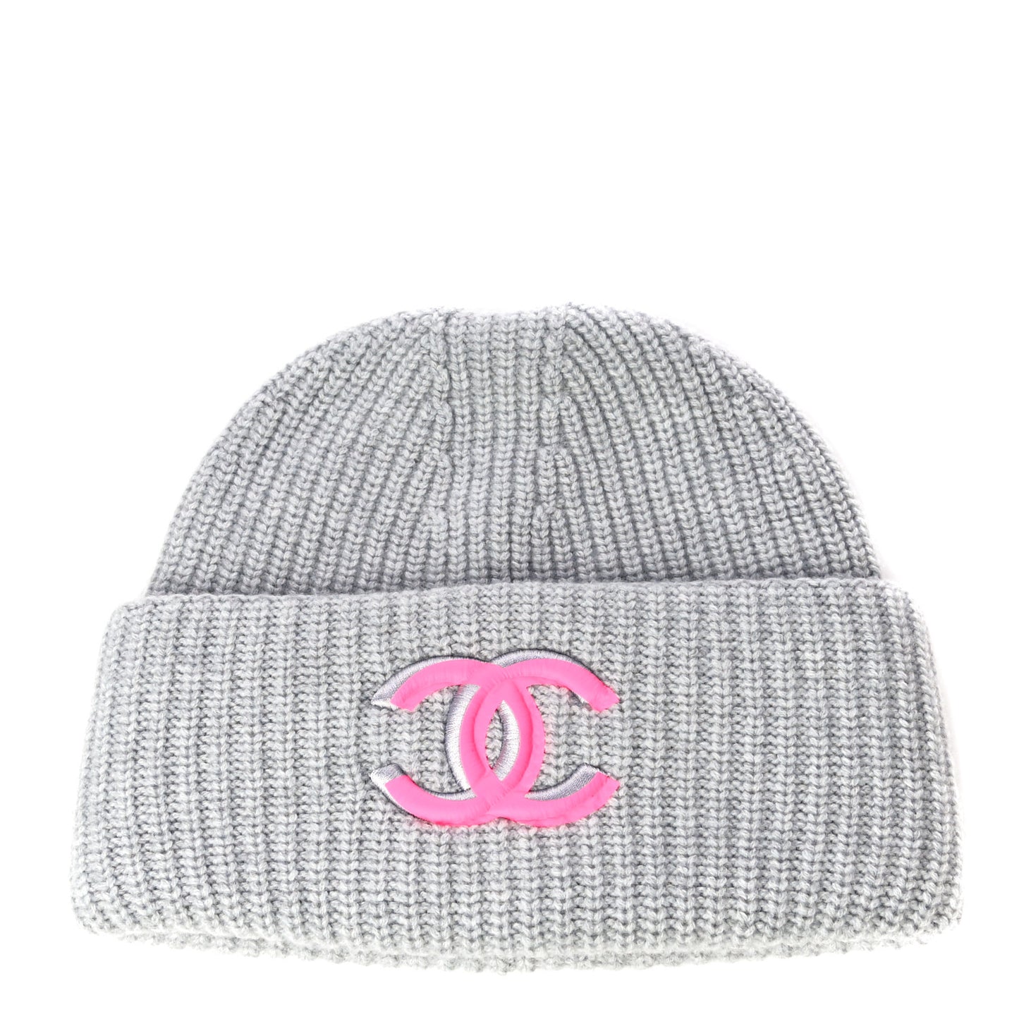 Wool Cashmere CC Beanie Hat Light Grey Fuchsia