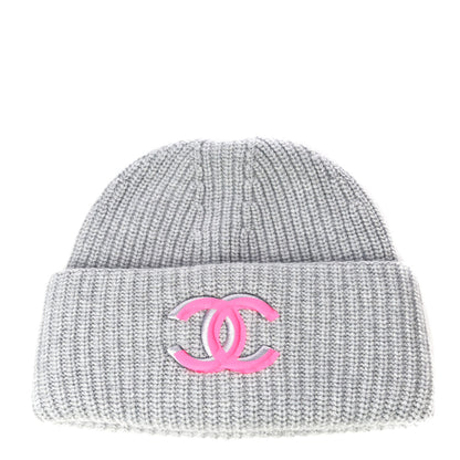 Chanel Wool Cashmere CC Beanie Hat Light Grey Fuchsia 1 of 10