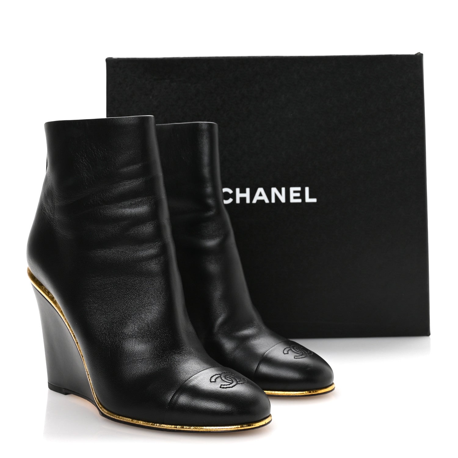 Chanel Lambskin Cap Toe Wedge Ankle Boots 38.5 Black 9 of 9