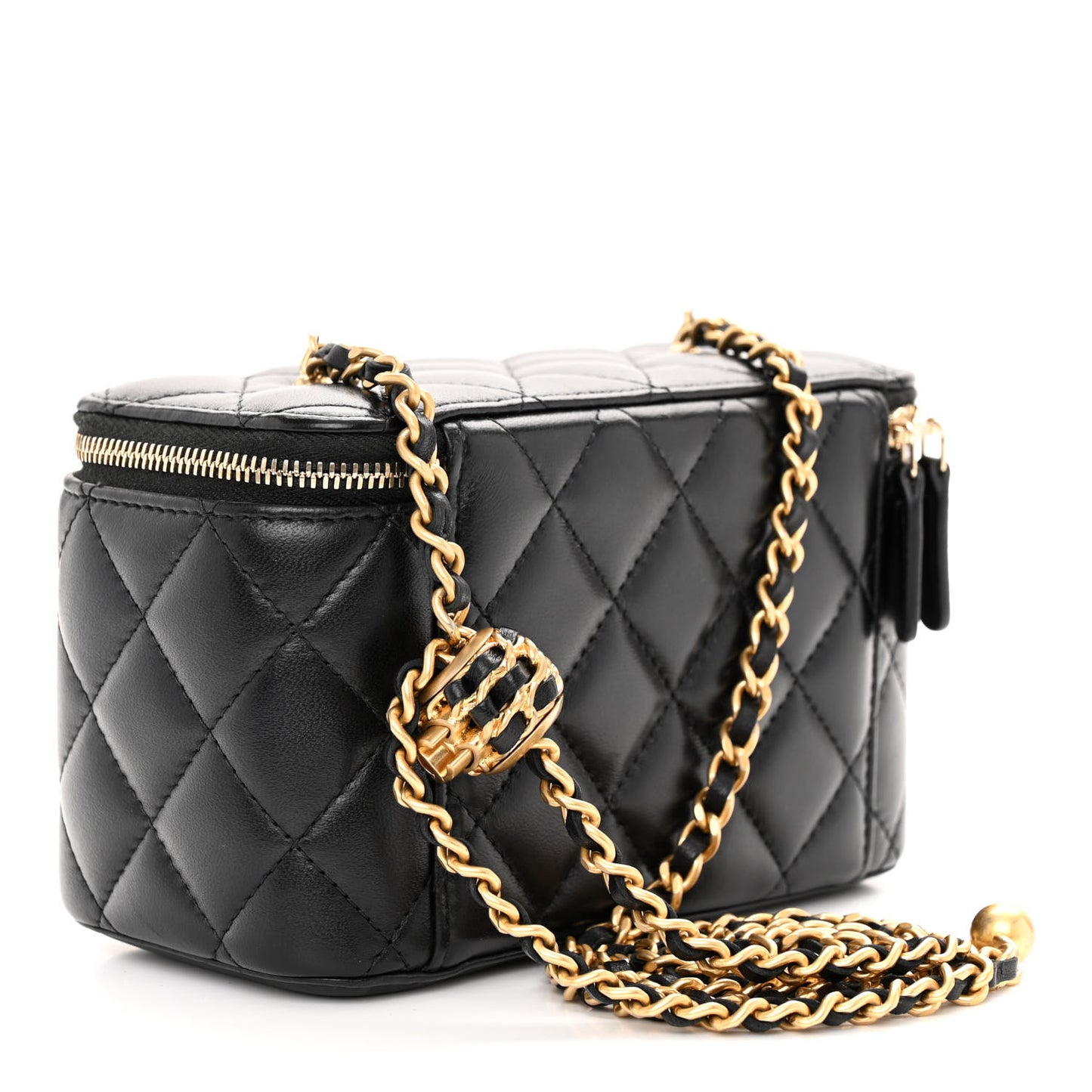 Lambskin Quilted Pearl Crush Small Vanity Case With Chain Black