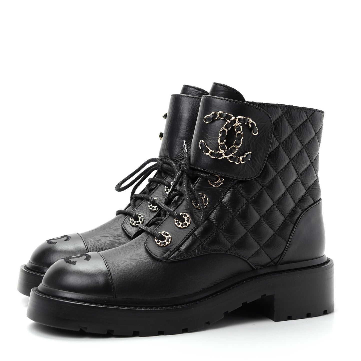 Shiny Goatskin Calfskin Quilted Lace Up Combat Boots 37 Black