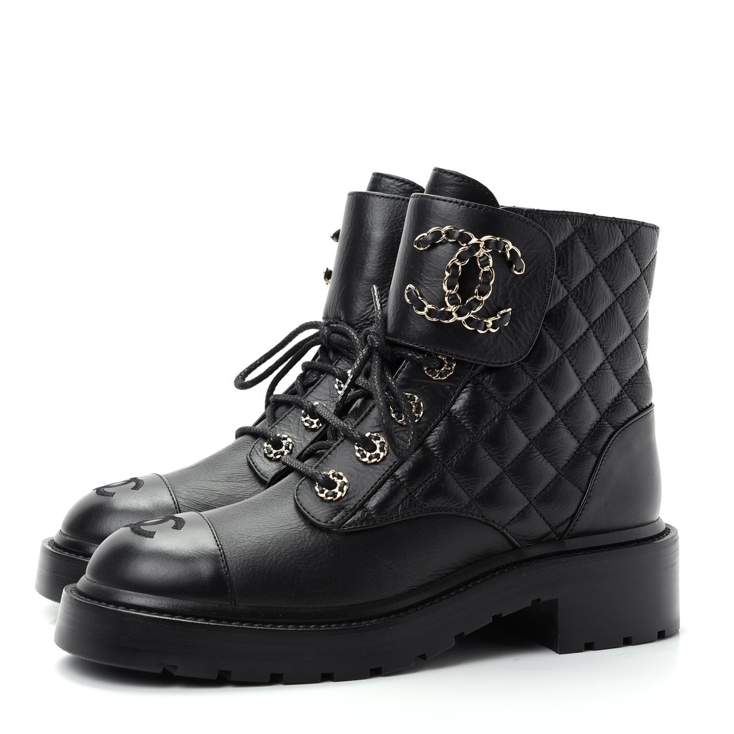 Chanel Shiny Goatskin Calfskin Quilted Lace Up Combat Boots 37 Black 3 of 11
