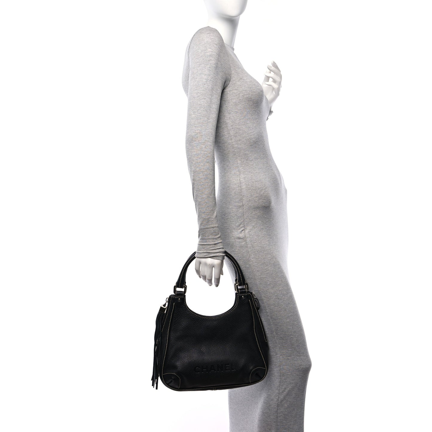 Grained Calfskin Tassel Hobo Black
