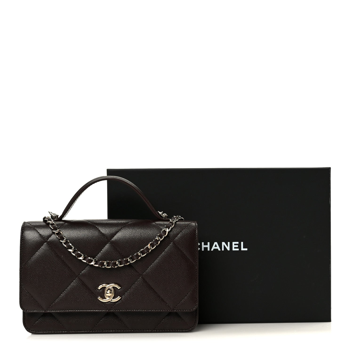 Chanel Shiny Caviar Quilted Turnlock Top Handle Wallet On Chain WOC Dark Brown 12 of 12