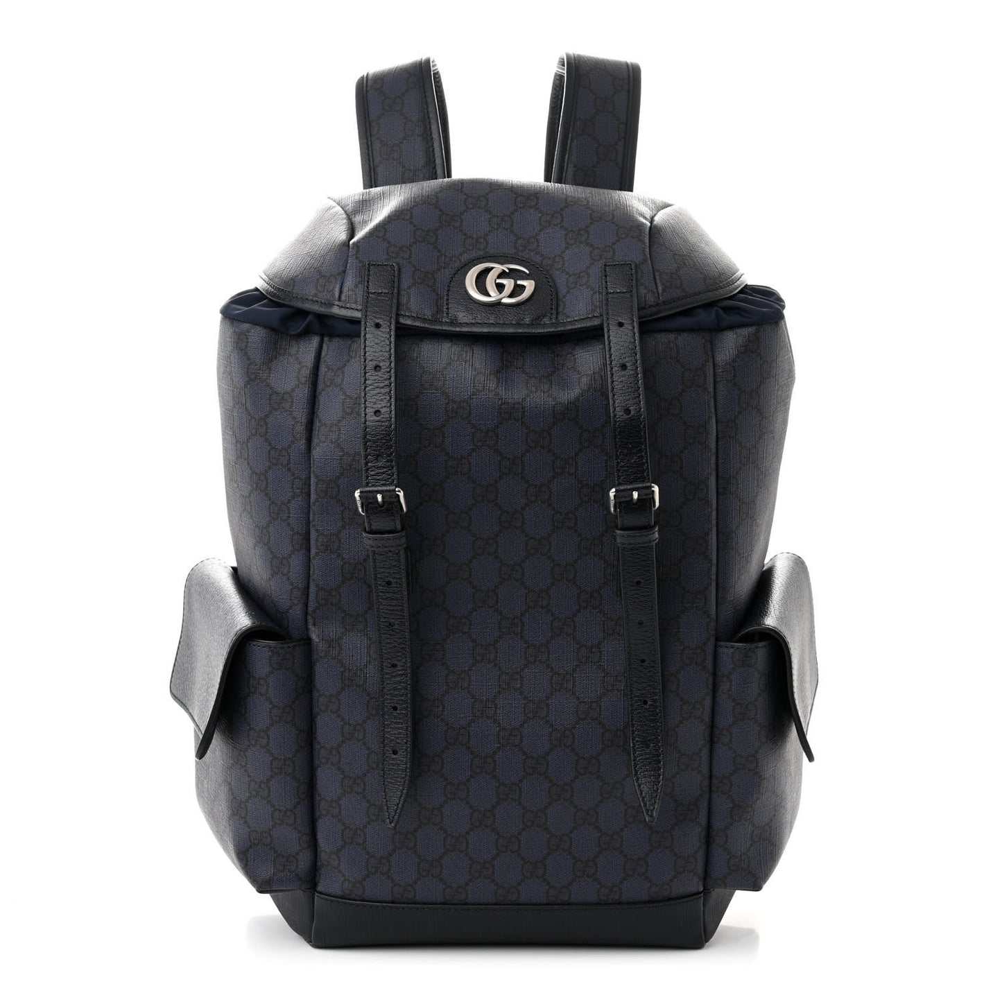 GG Supreme Monogram Textured Dollar Calfskin Medium Double Buckle Backpack Blue Dark Blue Black