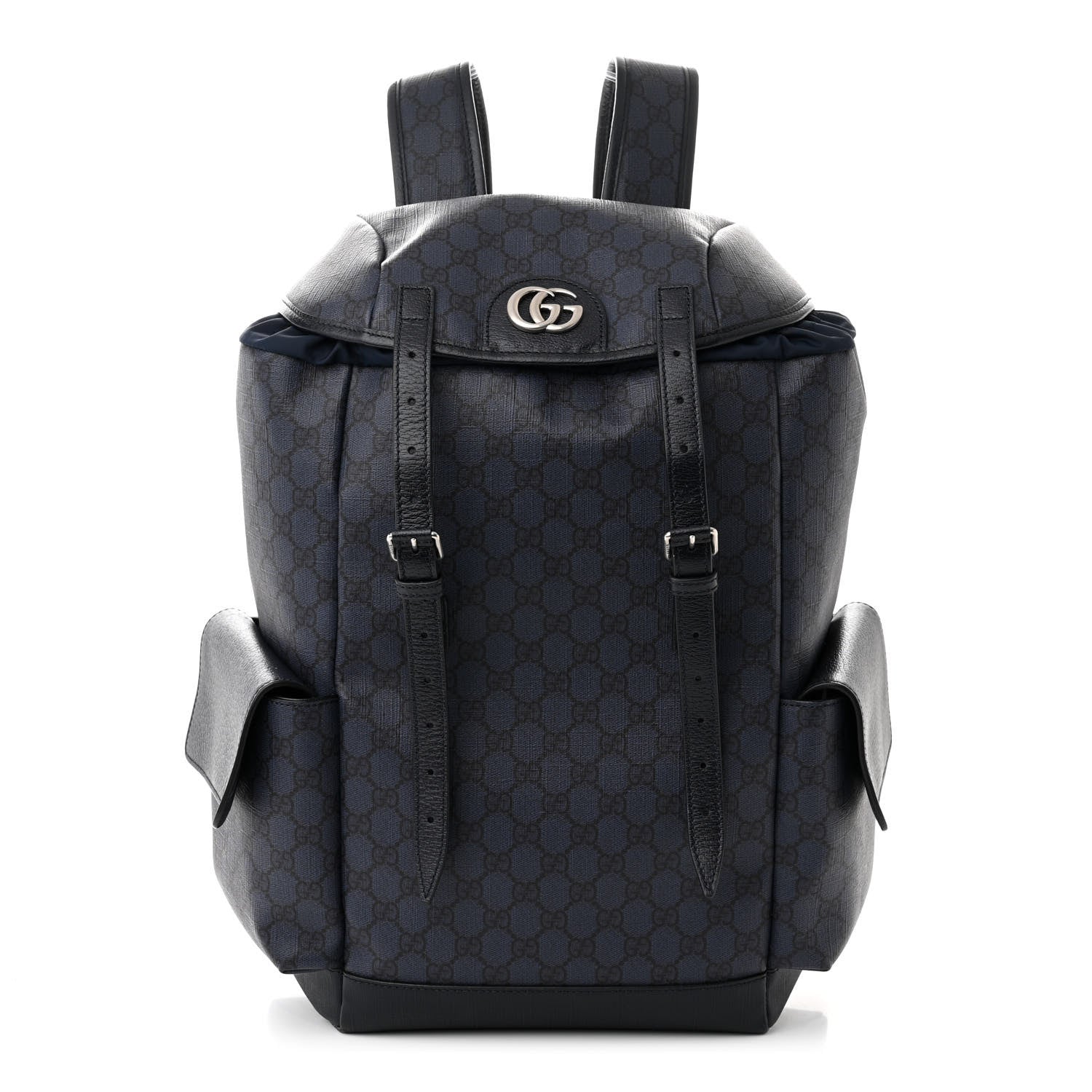 Gucci GG Supreme Monogram Textured Dollar Calfskin Medium Double Buckle Backpack Blue Dark Blue Black 1 of 10