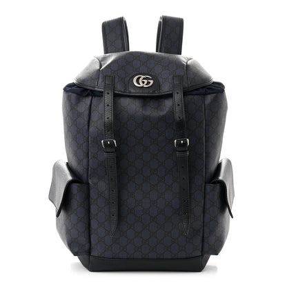 Gucci GG Supreme Monogram Textured Dollar Calfskin Medium Double Buckle Backpack Blue Dark Blue Black 1 of 10