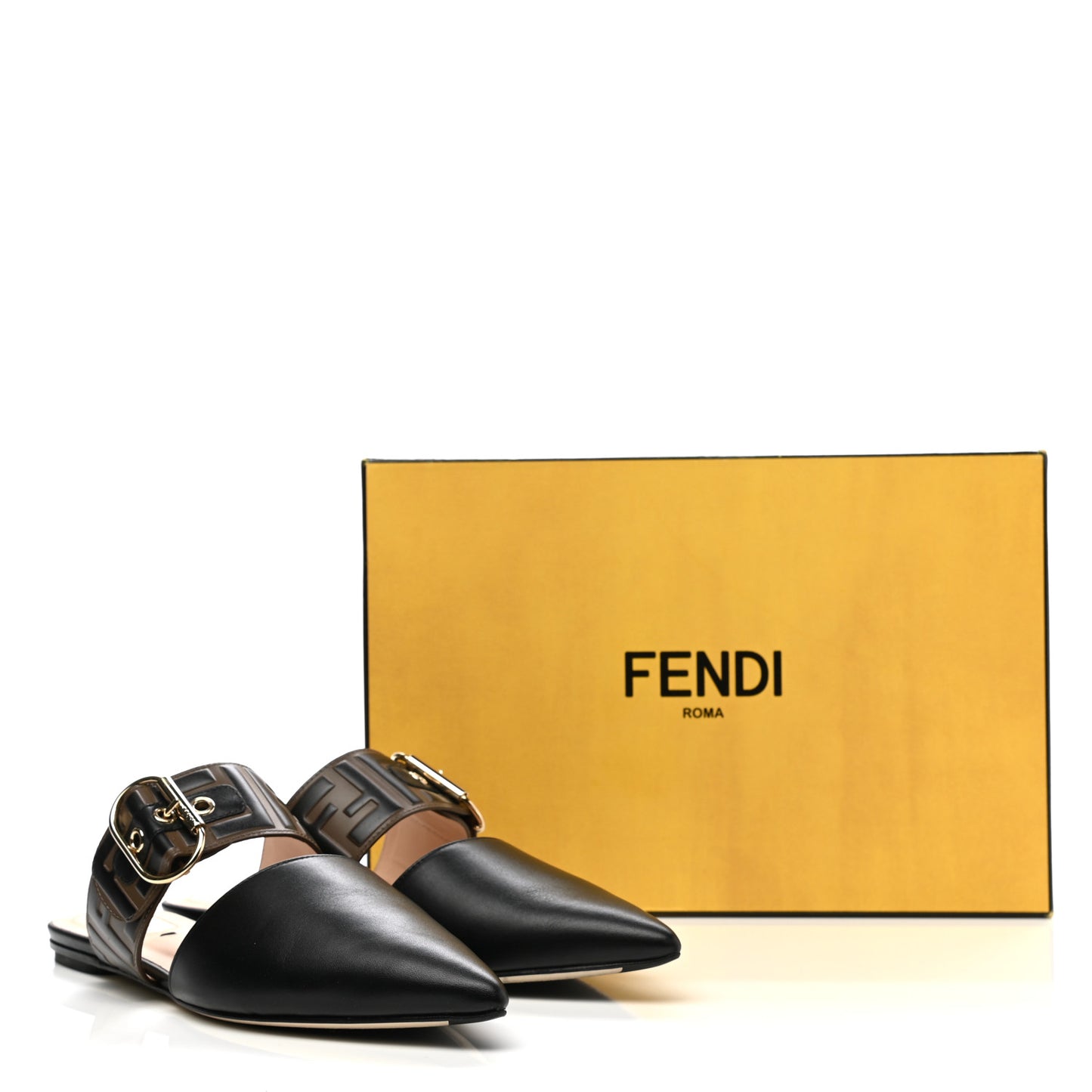 Vitello FF Embossed Buckle Flat Mules 37 Maya Black