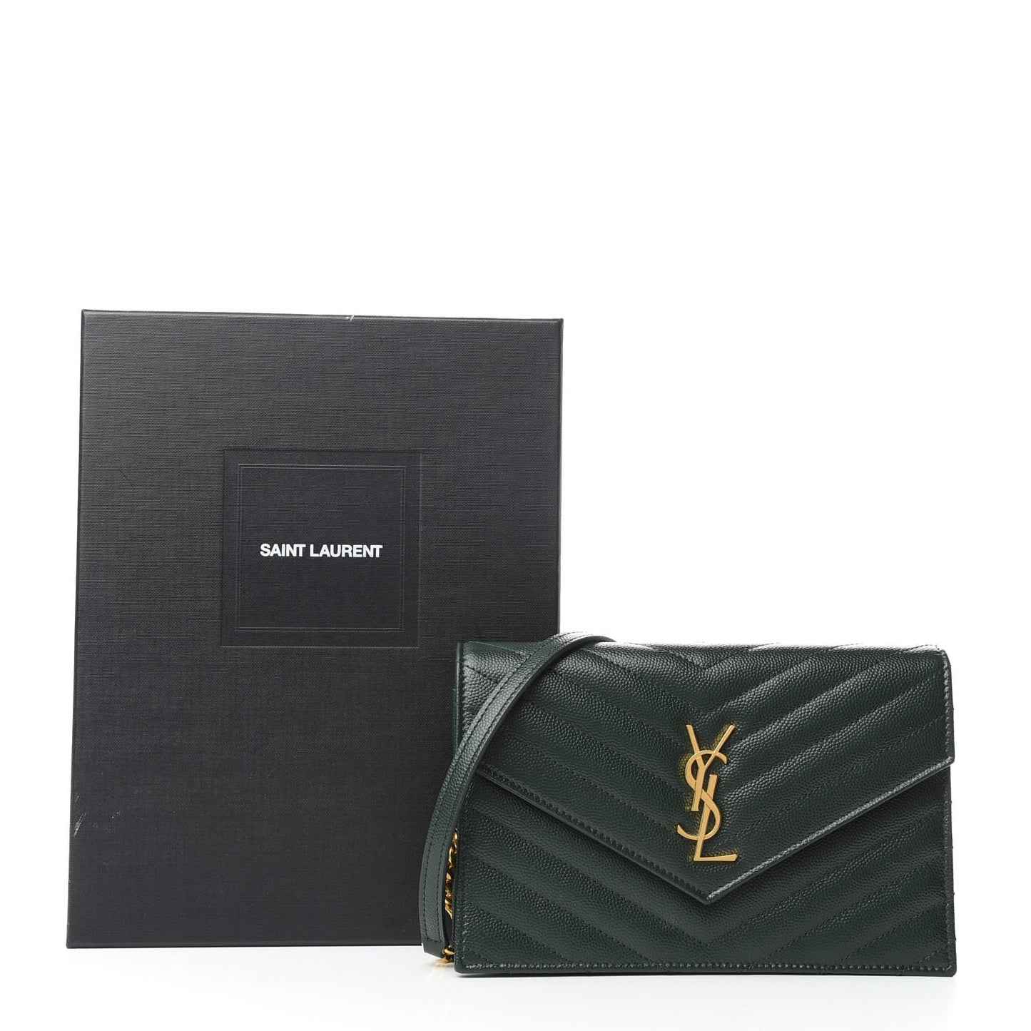 Grain De Poudre Matelasse Chevron Monogram Envelope Chain Wallet Dark Green