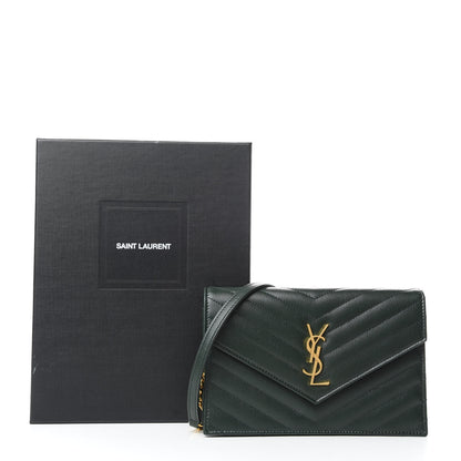 Saint Laurent Grain De Poudre Matelasse Chevron Monogram Envelope Chain Wallet Dark Green 9 of 9