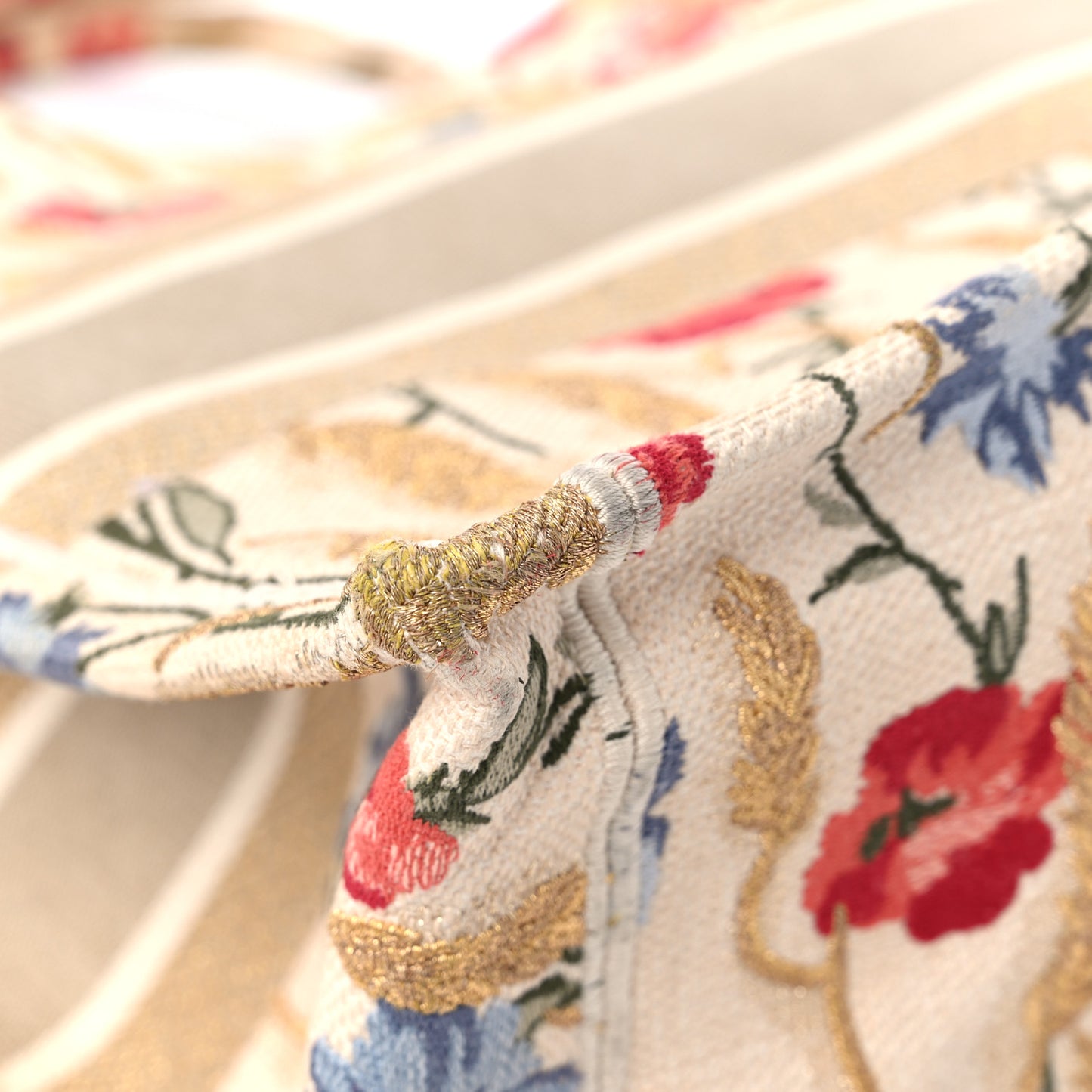 Canvas Embroidered Medium Hibiscus Book Tote Beige Multicolor