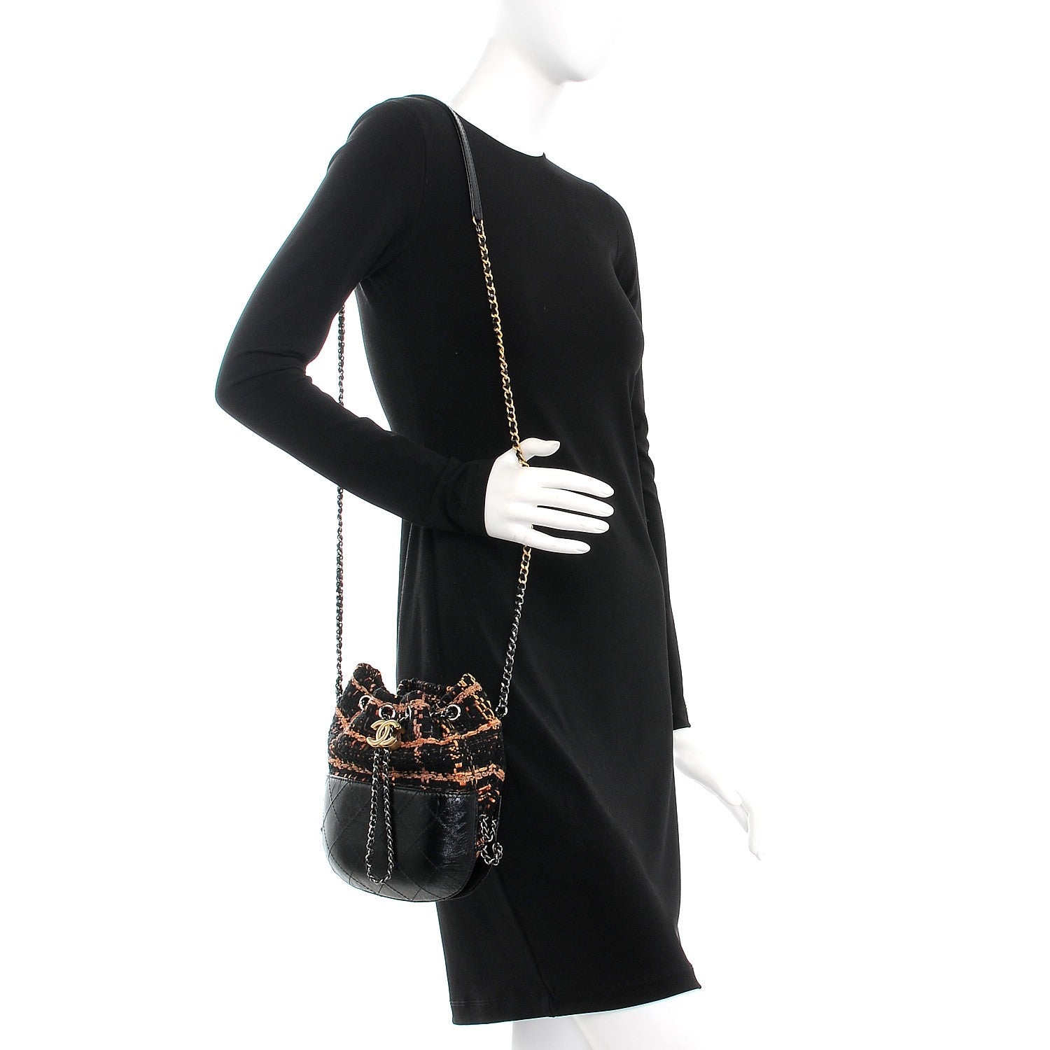 Chanel Tweed Calfskin Quilted Small Gabrielle Bucket Black Brown Orange 2 of 7