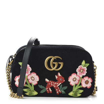 Gucci Velvet Matelasse Deer Embroidered Small GG Marmont Chain Shoulder Bag Black 1 of 10