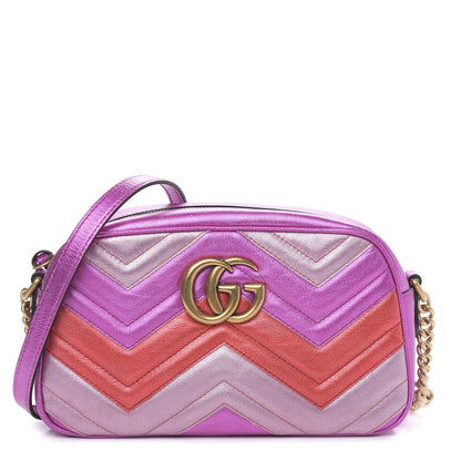 Gucci Laminated Nappa Matelasse Small GG Marmont Chain Shoulder Bag Fuxia Rosso Rosa 1 of 10