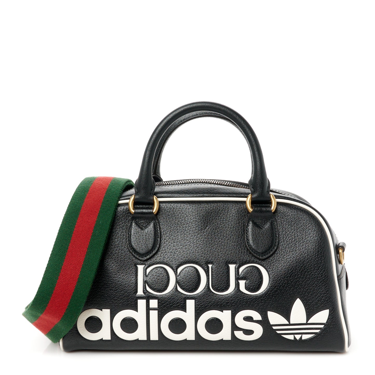 X ADIDAS Textured Dollar Calfskin Web Trefoil Logo Embossed Mini Bowling Bag Black Off White