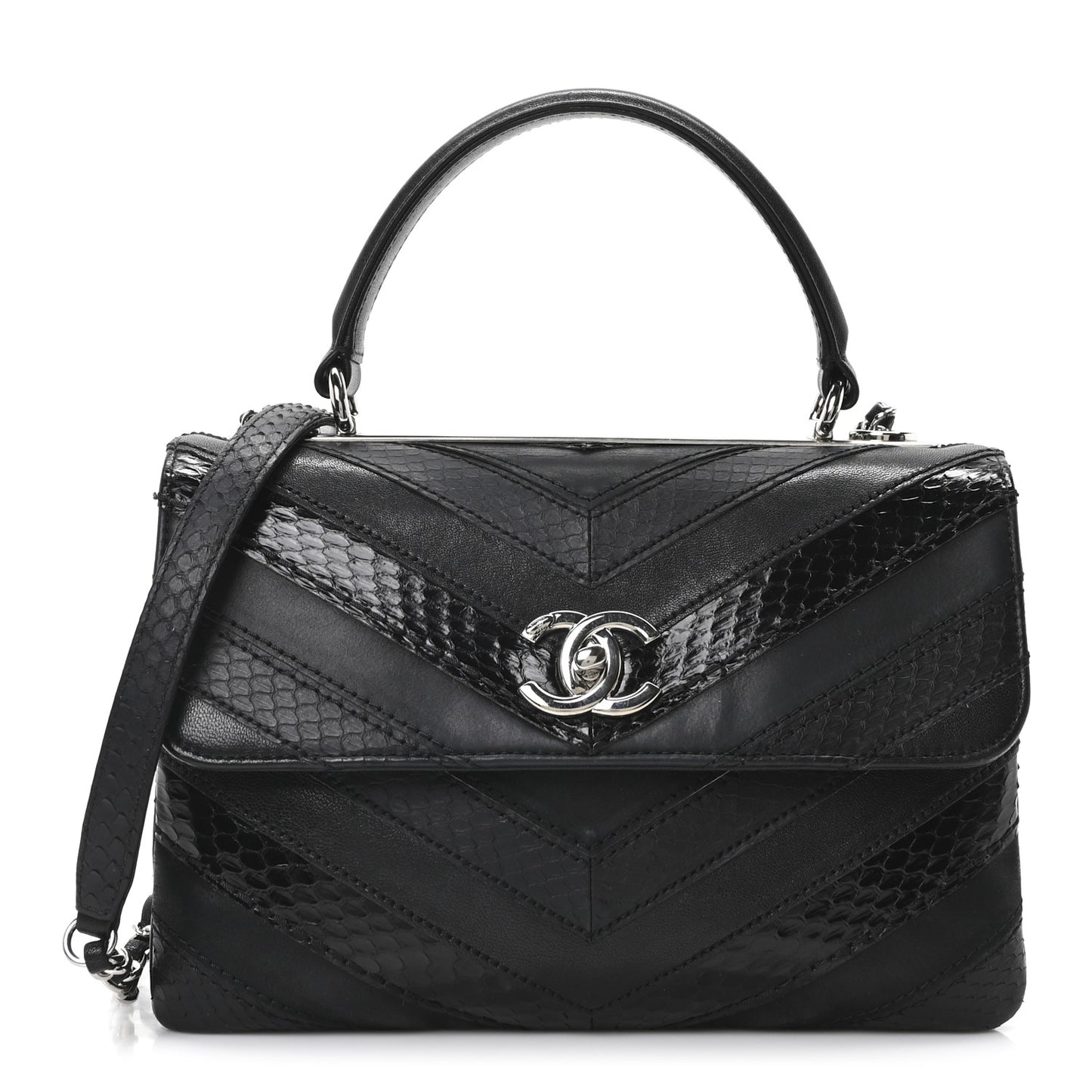 Calfskin Sheepskin Watersnake Chevron Quilted CC Small Trendy CC Dual Handle Flap Bag Black