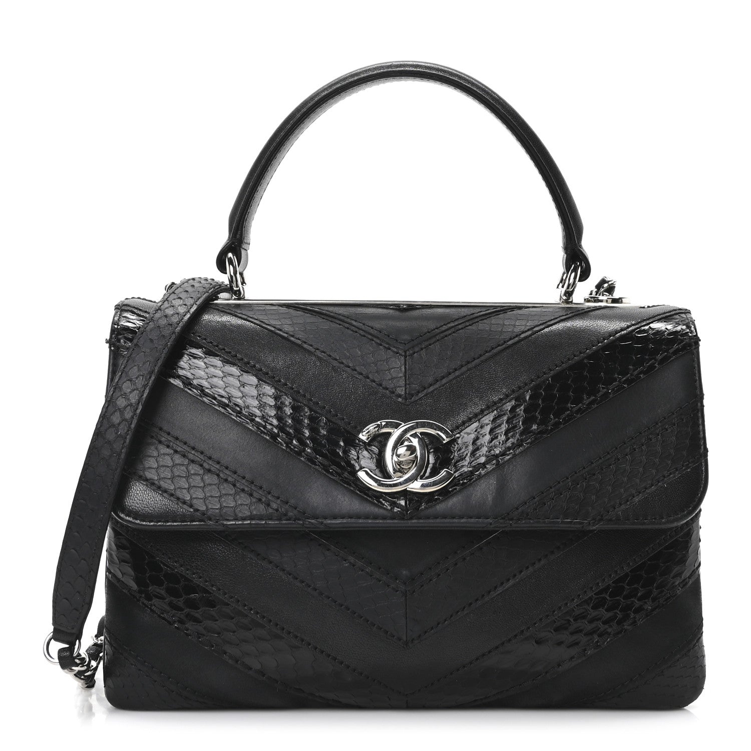 Chanel Calfskin Sheepskin Watersnake Chevron Quilted CC Small Trendy CC Dual Handle Flap Bag Black 1 of 10