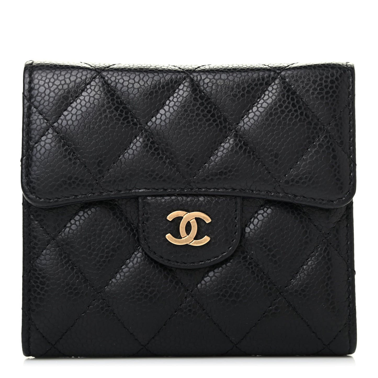 CHANE Caviar Quilted Compact Flap Wallet Black