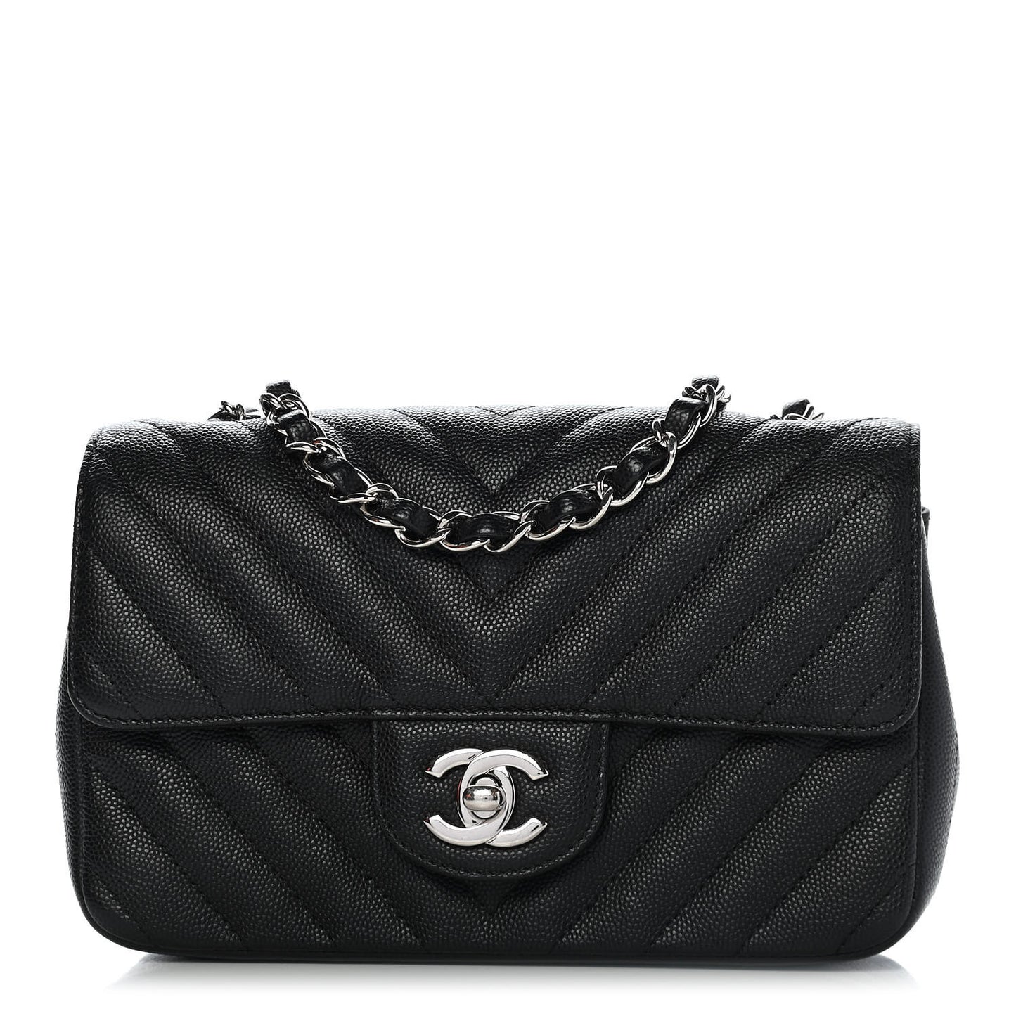 Caviar Chevron Quilted Mini Rectangular Flap Black
