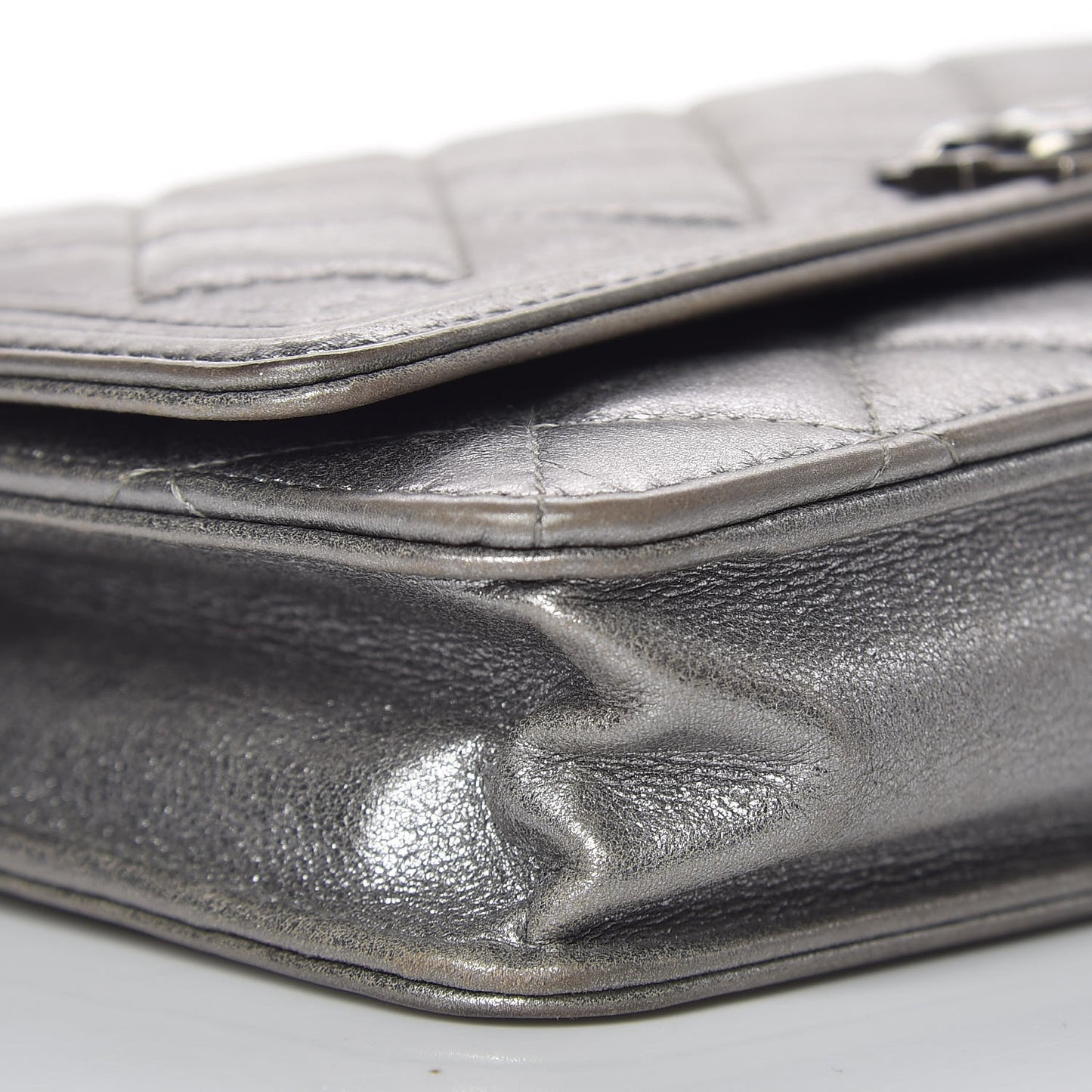 Metallic Calfskin Quilted Boy Wallet On Chain WOC Silver