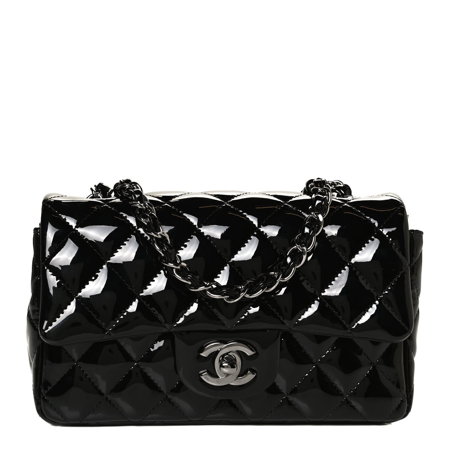 Patent Calfskin Quilted Mini Rectangular Flap Black