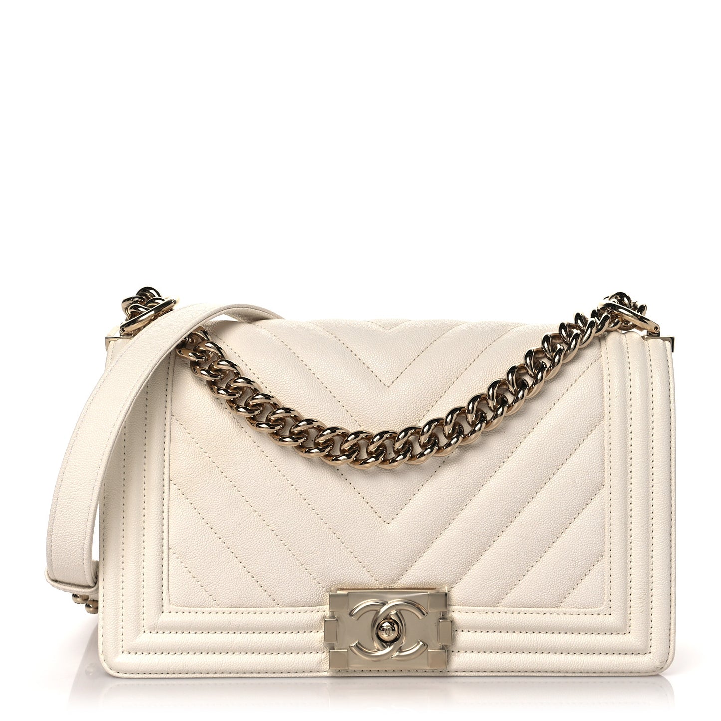 Caviar Chevron Quilted Medium Boy Flap Light Beige