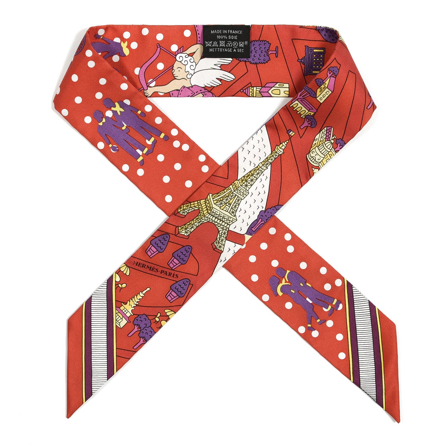 Hermes Silk Les Nouveaux Amoureux de Paris Twilly Rouge Violet Creme 1 of 4