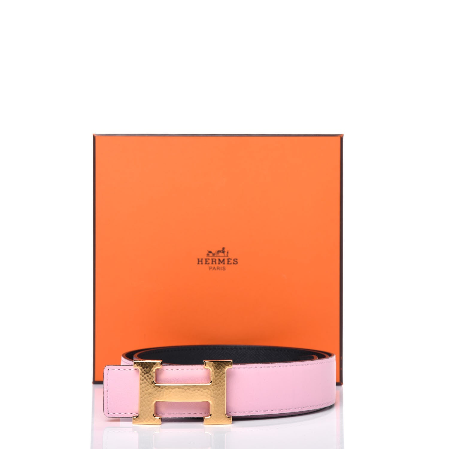 Hermes Box Togo 32mm Martelee H Belt 95 Rose Sakura Blue Nuit