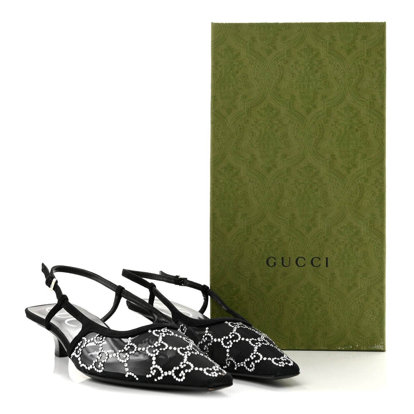 Suede Mesh Crystal GG Monogram Slingback Pumps 36.5 Black