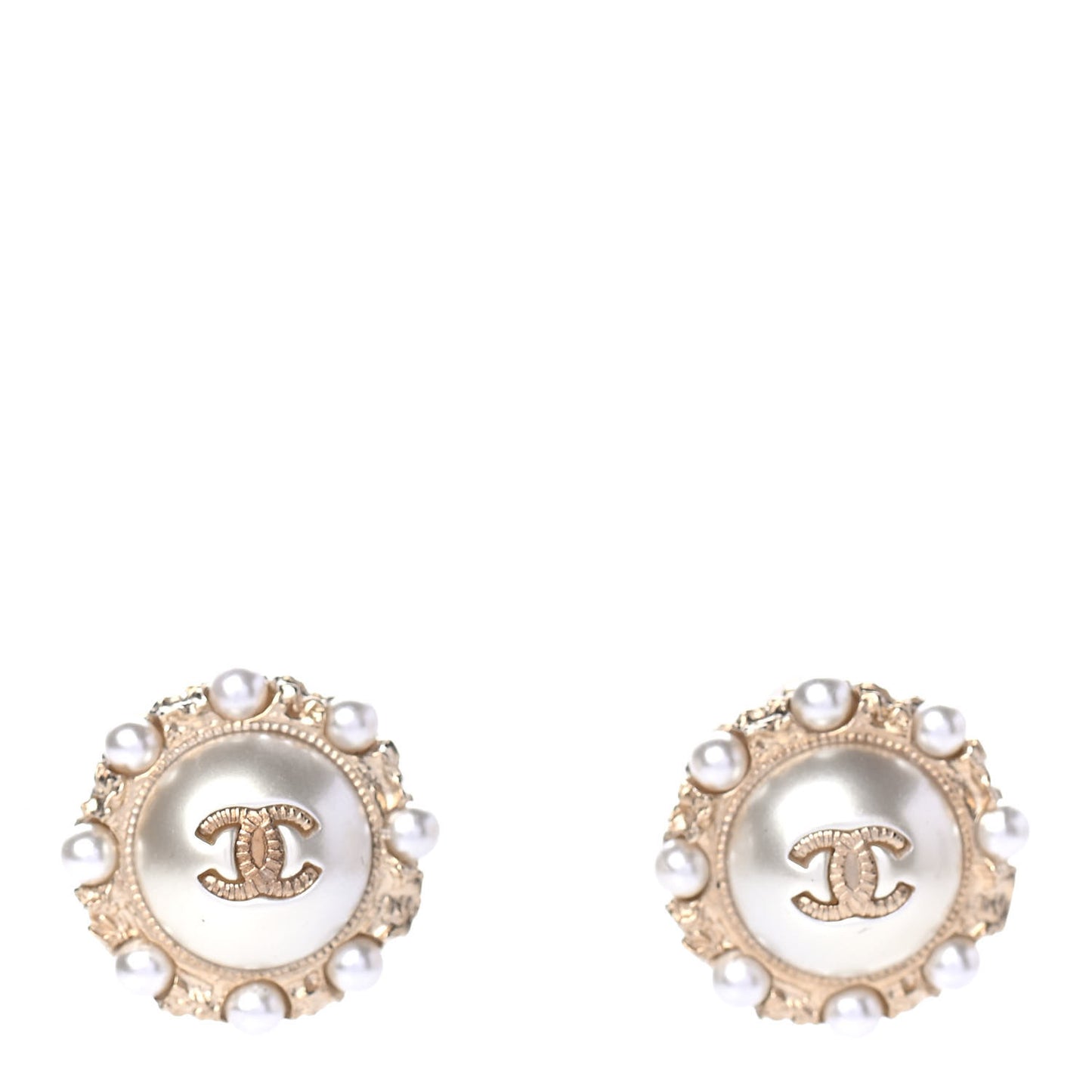 Metal Pearl CC Round Earrings Gold
