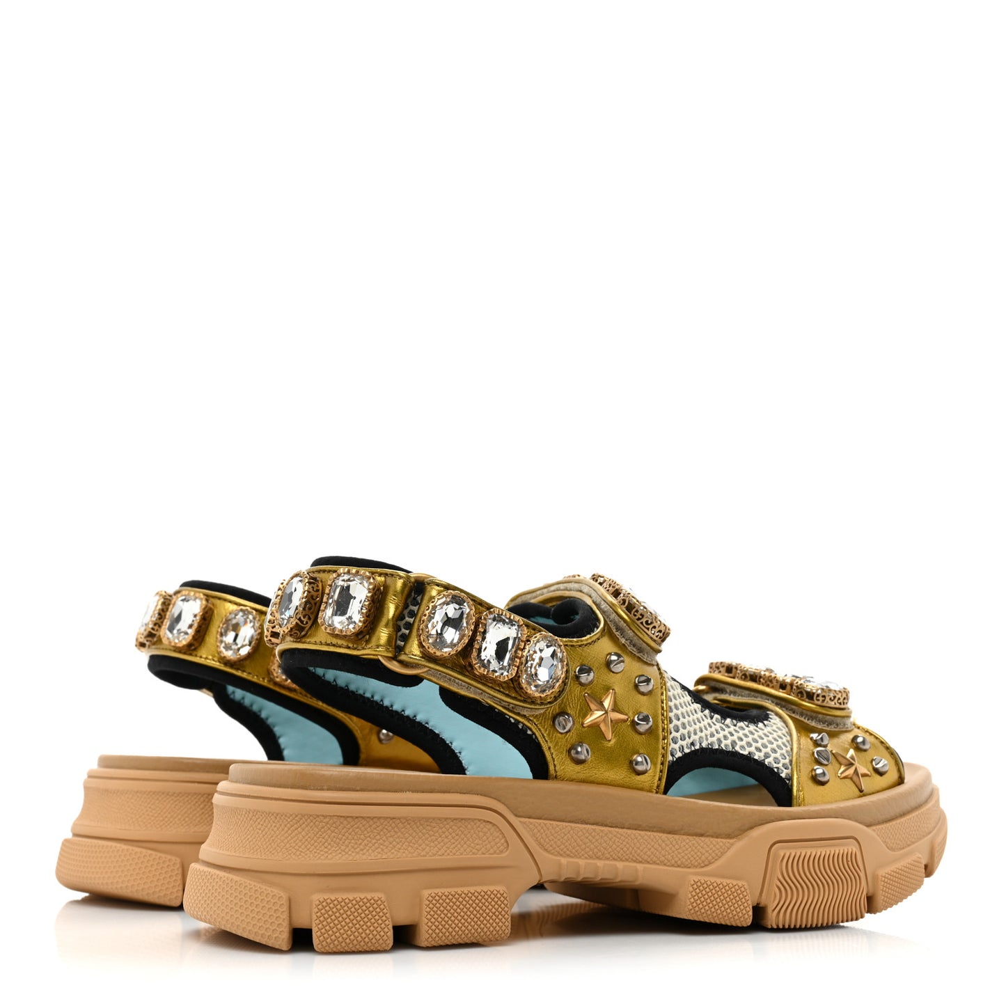 Silk Calfskin Mesh Crystal Embellished Studded Womens Aguru Sandals 37.5 Gold