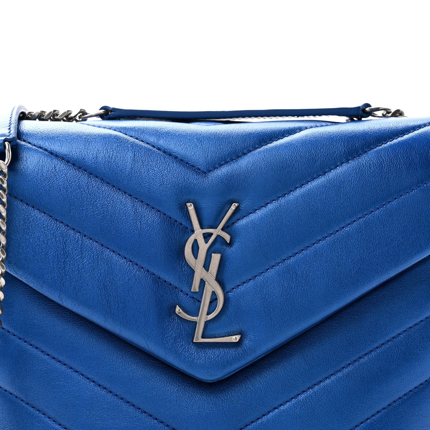 Saint Laurent Metallic Calfskin Y Quilted Monogram Small Loulou Chain Satchel Blue Royal 8 of 10