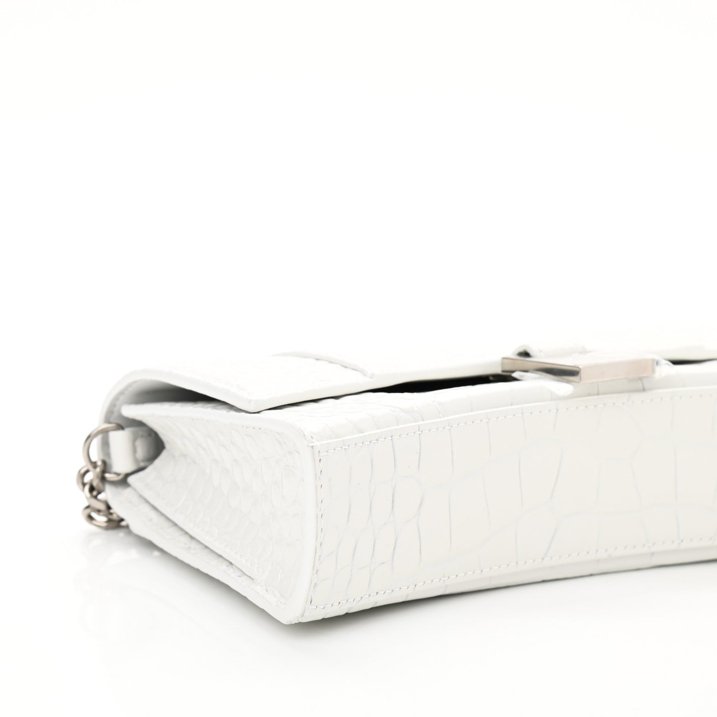 Shiny Calfskin Crocodile Embossed Small Hourglass Evening Chain Bag White