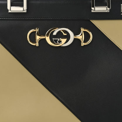Gucci Smooth Calfskin Diagonal Striped Medium Zumi Top Handle Bag Black Beige 8 of 10