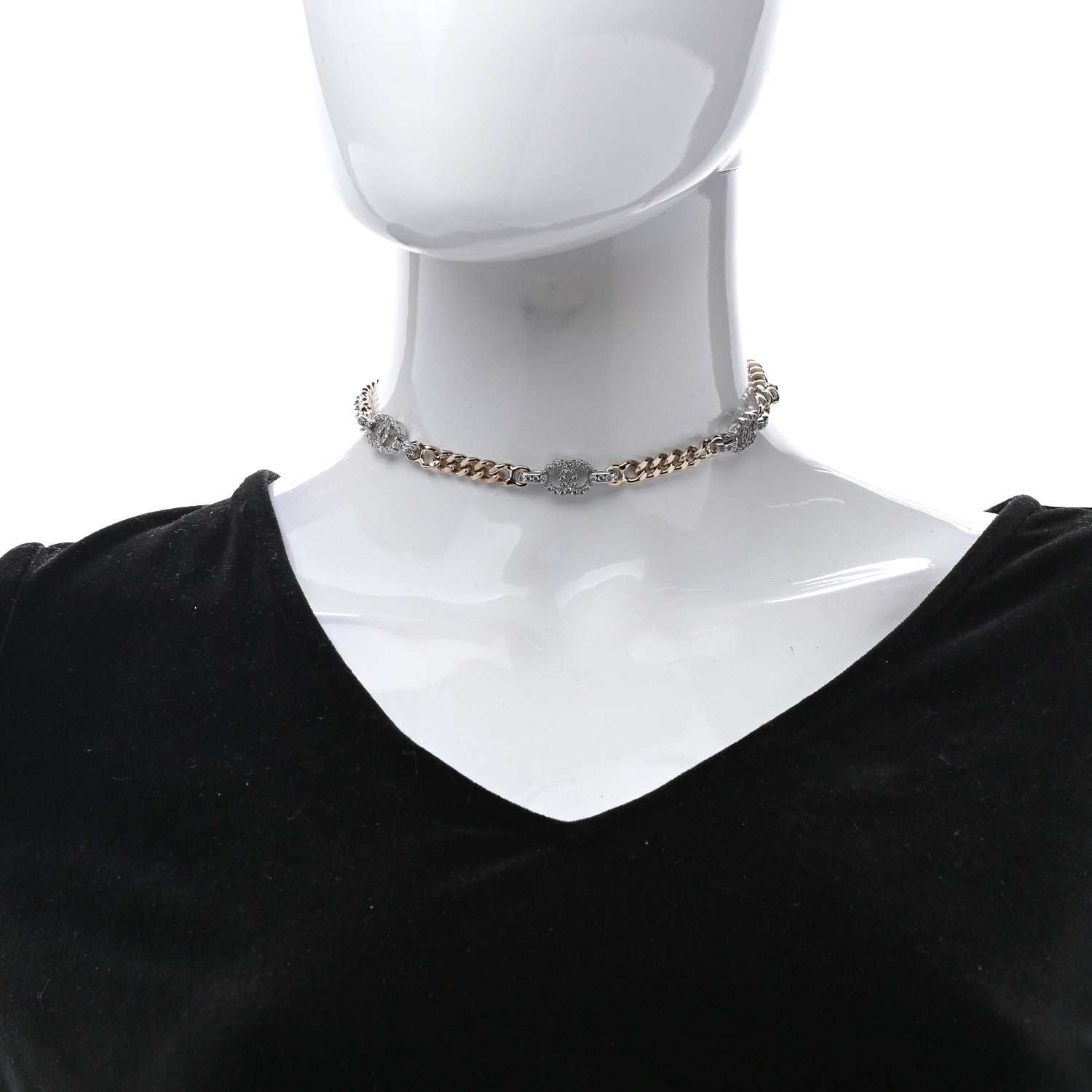 Chanel Crystal Chain CC Link Choker Gold Silver 2 of 7