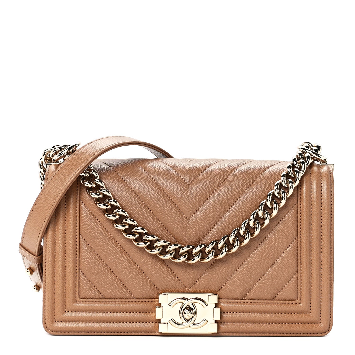 Chanel Caviar Chevron Quilted Medium Boy Flap Dark Beige 1 of 11
