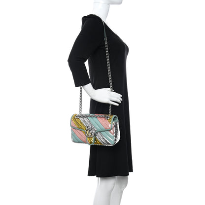 Gucci Sequin Satin Calfskin Matelasse Diagonal Small GG Marmont Shoulder Bag Grigio Argento Verde Chiaro Rosa Giallo Light Water Green 2 of 11