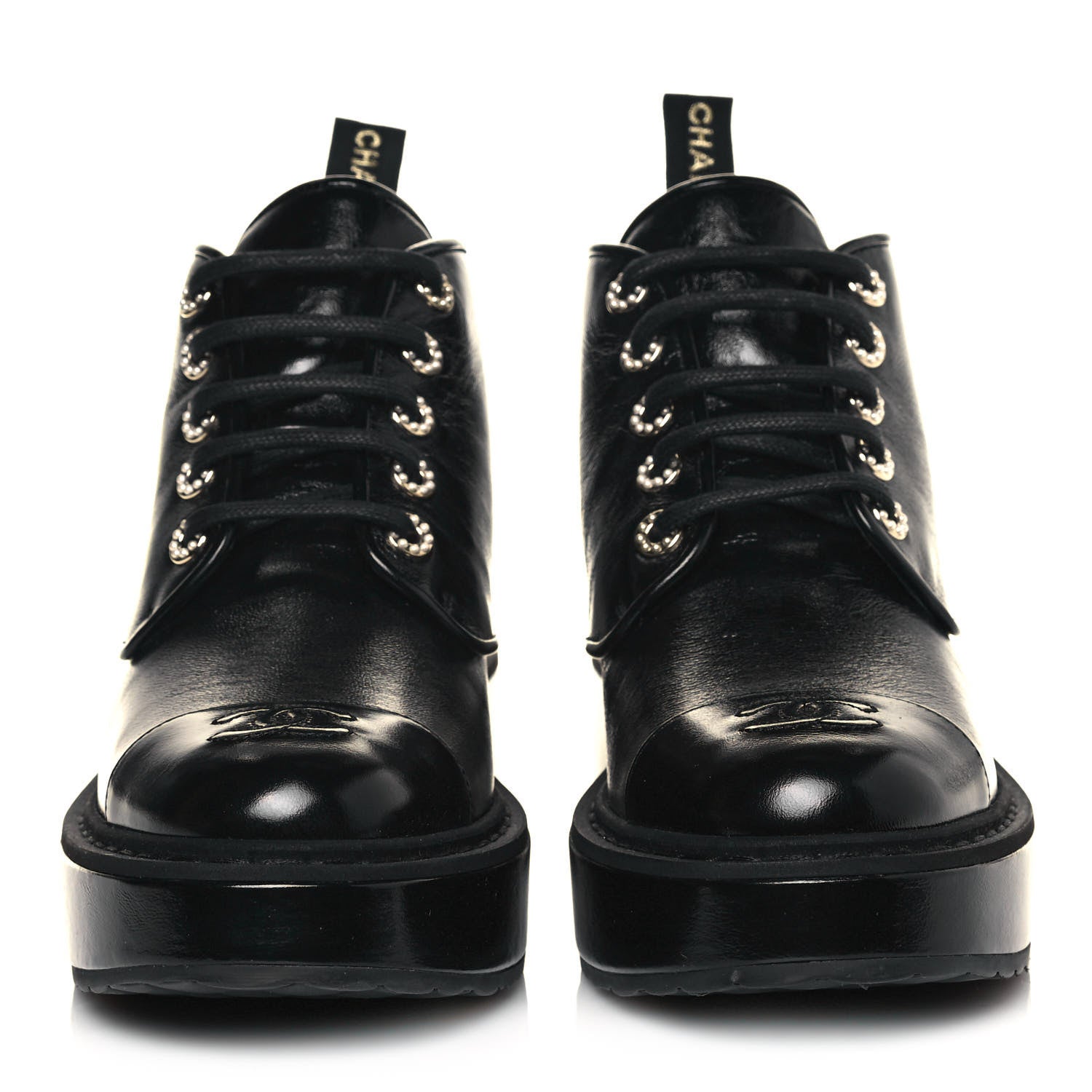 Chanel Shiny Calfskin Pearl Lace Up Combat Short Boots 39.5 Black 2 of 8