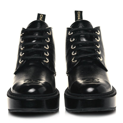 Chanel Shiny Calfskin Pearl Lace Up Combat Short Boots 39.5 Black 2 of 8