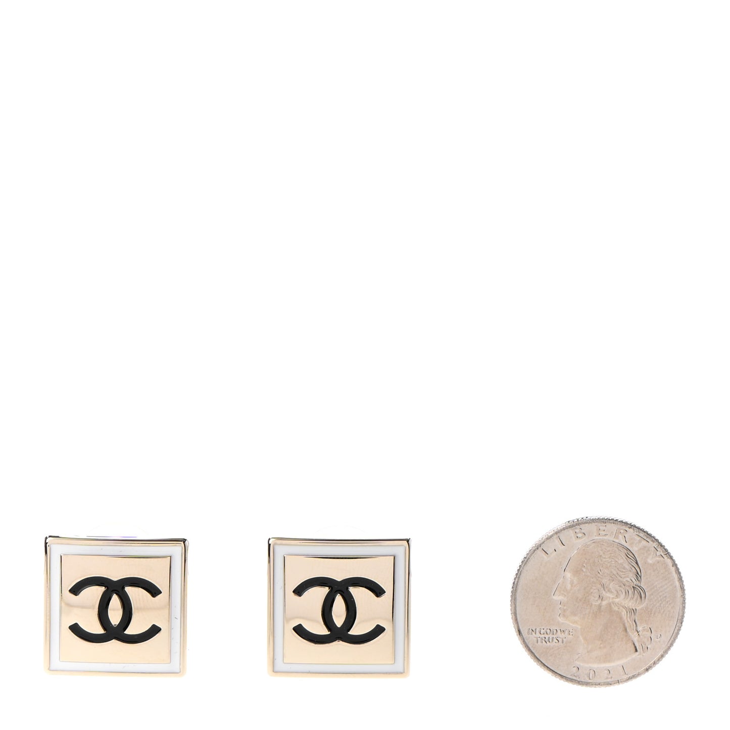 Metal Enamel CC Square Earrings Gold Black White