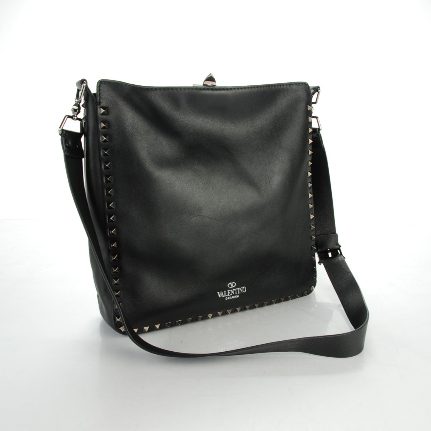 Calfskin Rockstud All Over Flip-Lock Messenger Bag Black