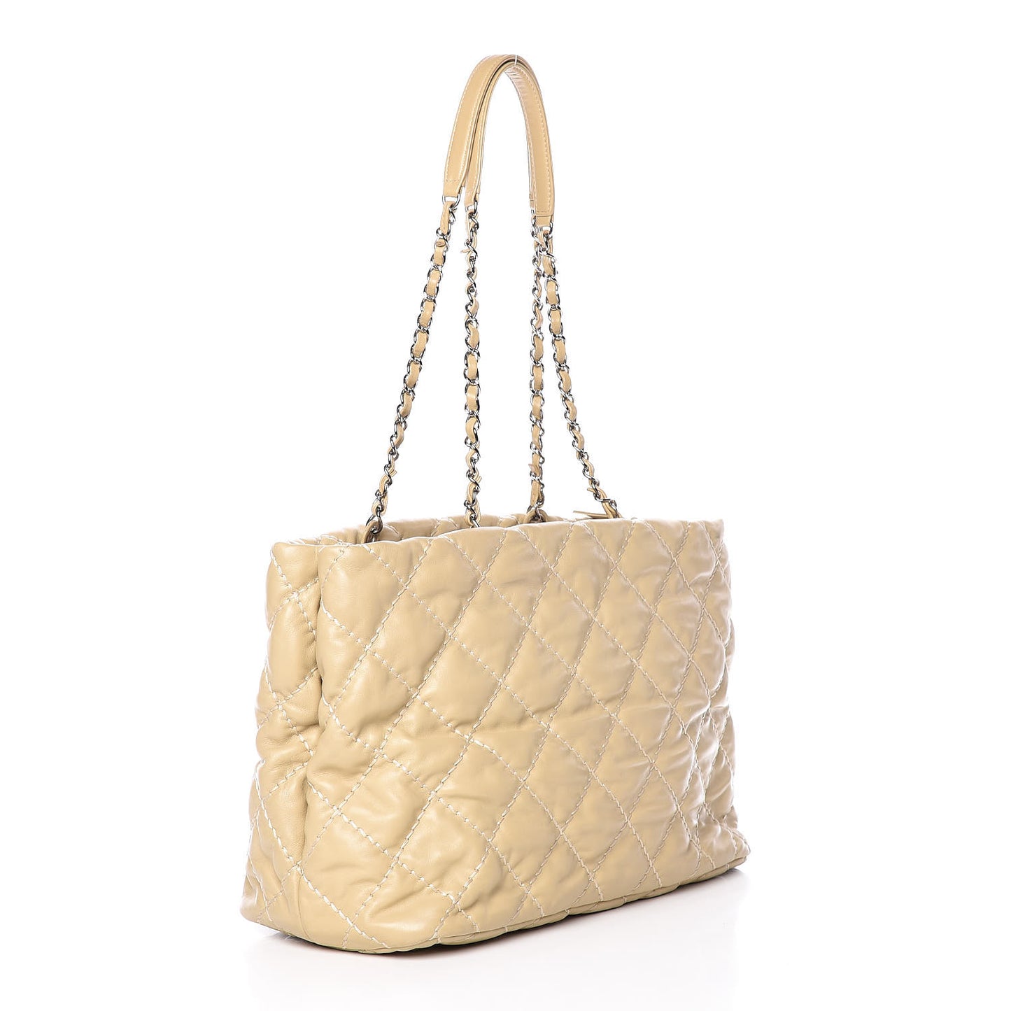 Calfskin Contrast Stitch Tote Beige