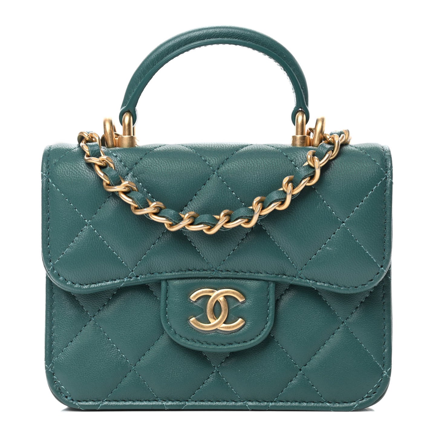 Lambskin Quilted Top Handle Flap Coin Purse With Chain Green