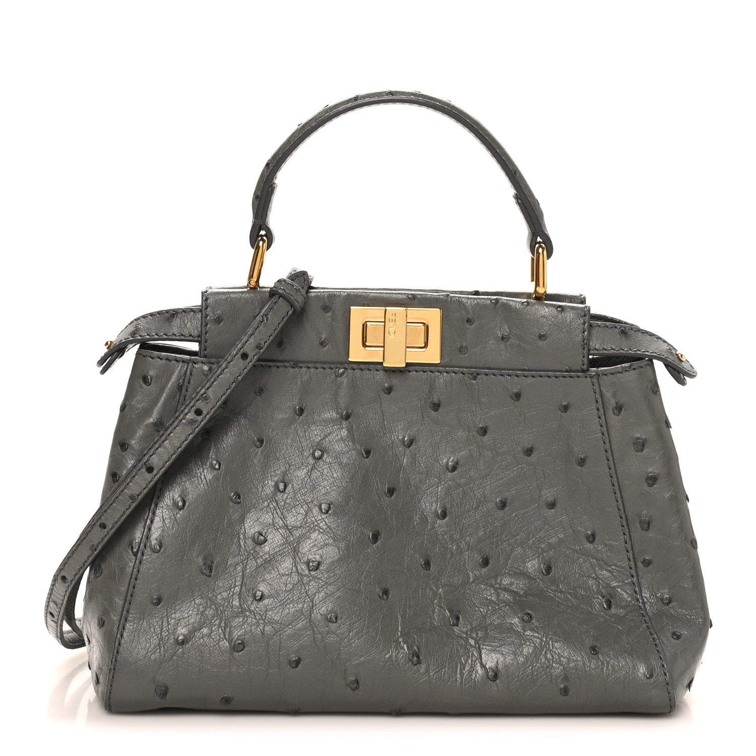 Fendi Ostrich Shiny Nappa Mini Peekaboo Iconic Satchel Grey 1 of 9