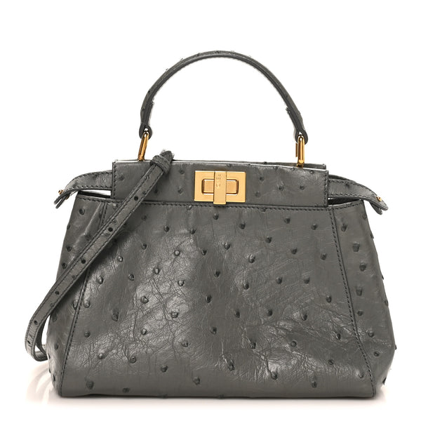 Fendi Ostrich Shiny Nappa Mini Peekaboo Iconic Satchel Grey