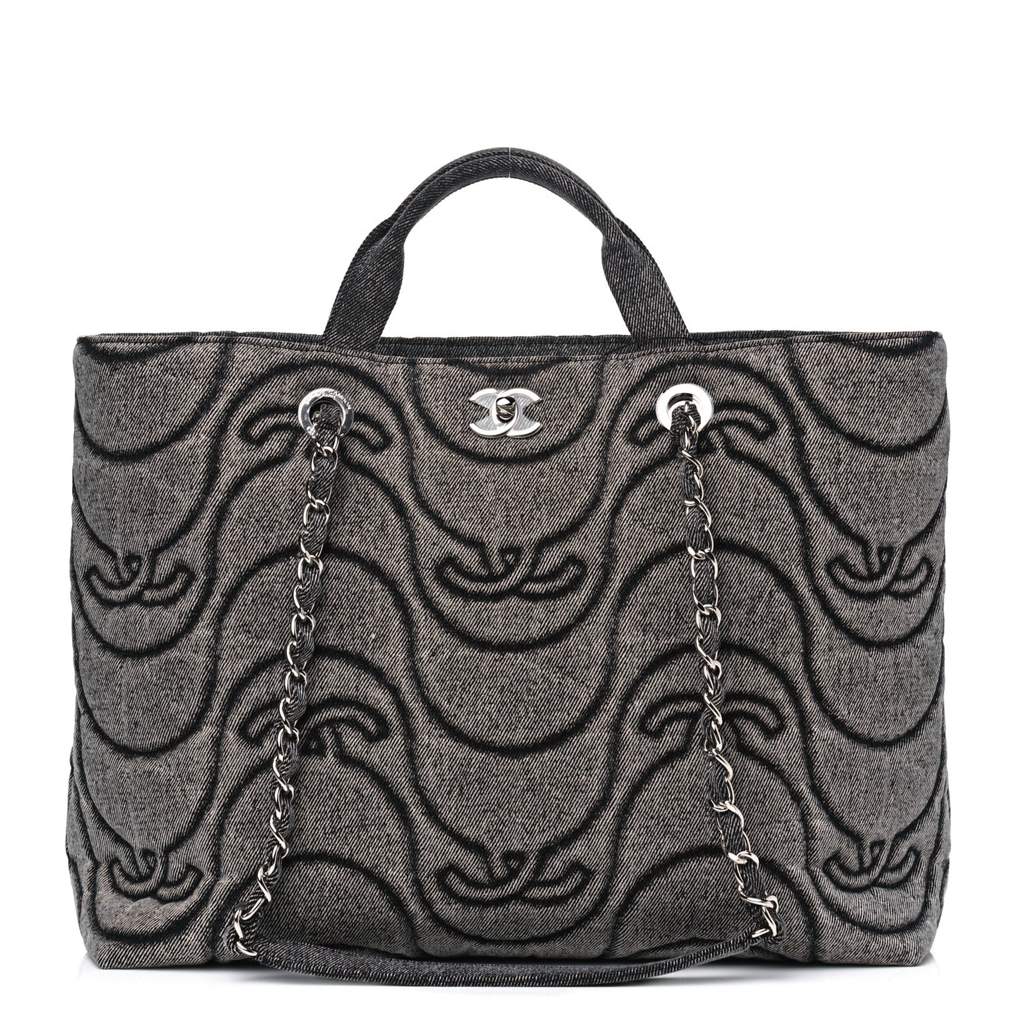 Denim Embossed CC Logo Print Shopping Tote Black