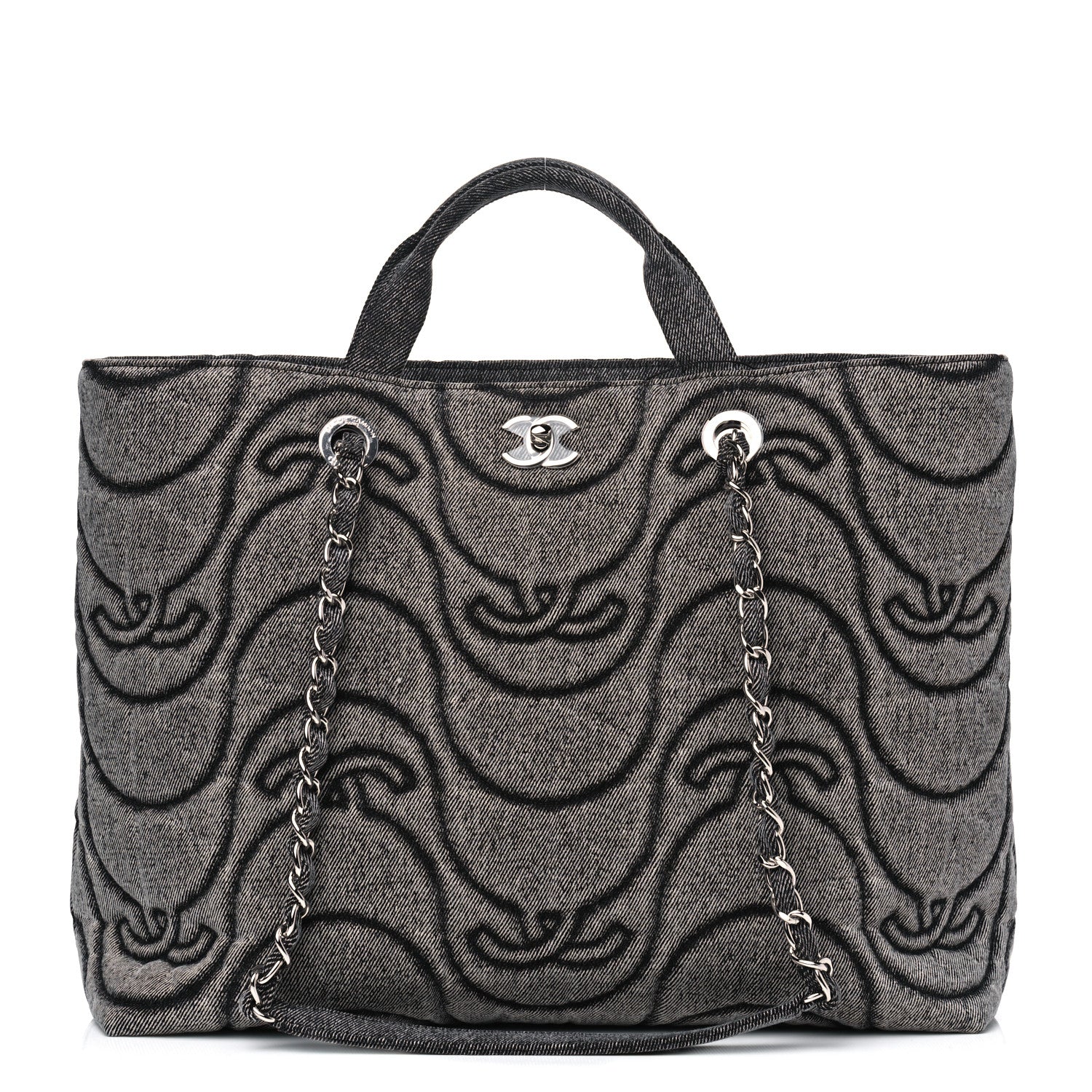 Chanel Denim Embossed CC Logo Print Shopping Tote Black 2 of 4