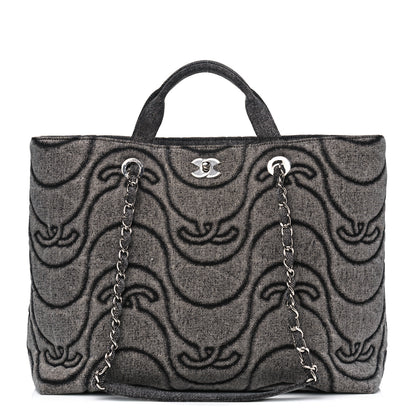 Chanel Denim Embossed CC Logo Print Shopping Tote Black 2 of 4